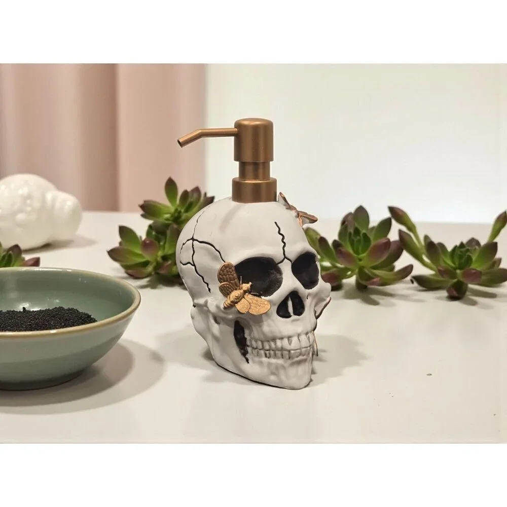 New White Skull W/ Gold Butterflies Halloween Soap Dispenser Spooky Decoration